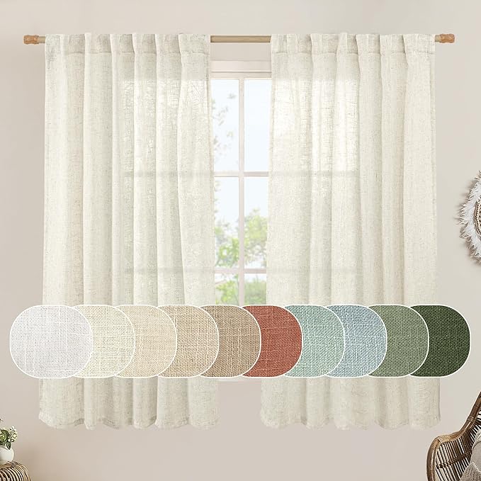Natural Semi Sheer Linen Curtains 60 Inch, Light Filtering Panels | Neutral by LAMIT