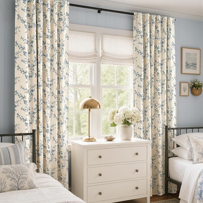 Blackout Vintage Floral Linen Curtains Blue on Beige 50×90 2 Panels | Elisa - Image 6