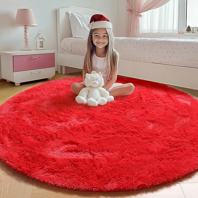 Red Round Area Rug 4ft, Soft Bedroom Circle Rugs Floor Mat by ONASAR