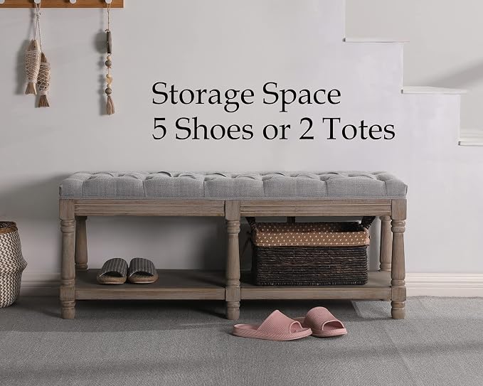 Farmhouse Storage Bench Wooden Entryway Upholstered Tufted Ottoman Bench - Image 6