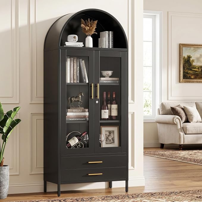 73" Tall Display Cabinet with Glass Doors and 2 Drawers, Metal Arched Cabinet by GANGMEIMENTALSTORAGECABINET