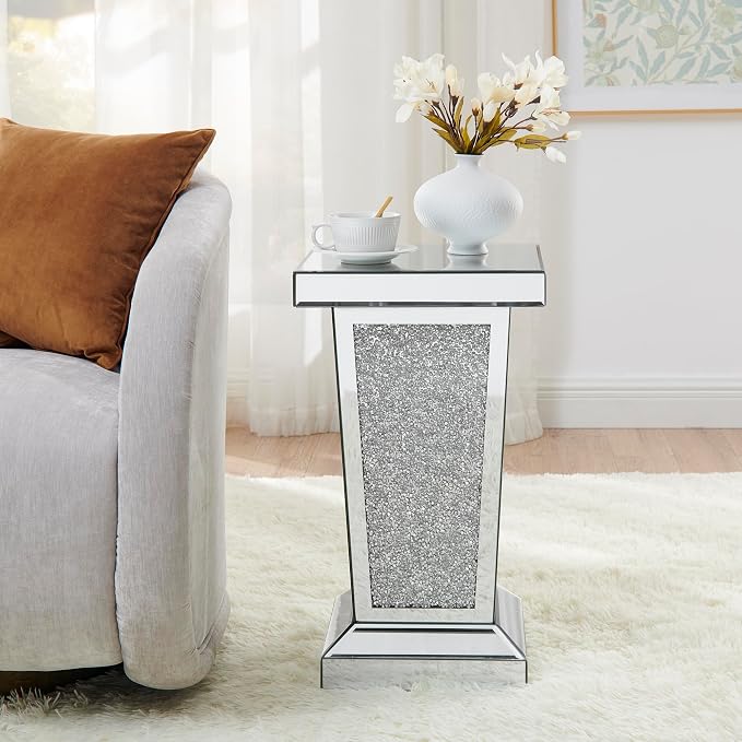 Silver Mirrored End Table with Crystal, Modern Side Accent Table, Square Small - Image 4