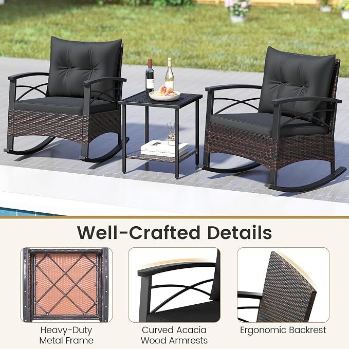 Tangkula 3 Piece Rattan Rocking Chair Set, Patio Rocker Bistro Set - Image 8