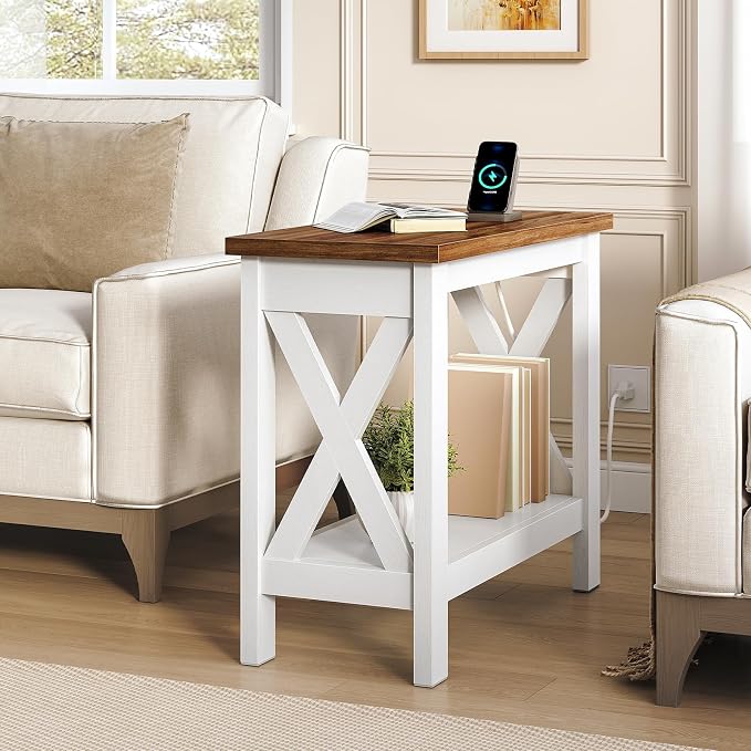 HOOBRO End Table with Charging Station, Farmhouse Narrow Side Table, 2-Tier - Image 4