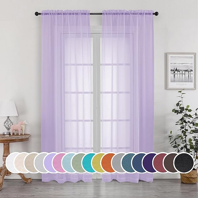 Light Purple Sheer Curtains 90 Inches Long 2 Panels Set by OWENIE