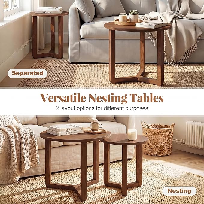Giantex Round Nesting Coffee Table Set of 2, Wood Nesting End Tables - Image 3