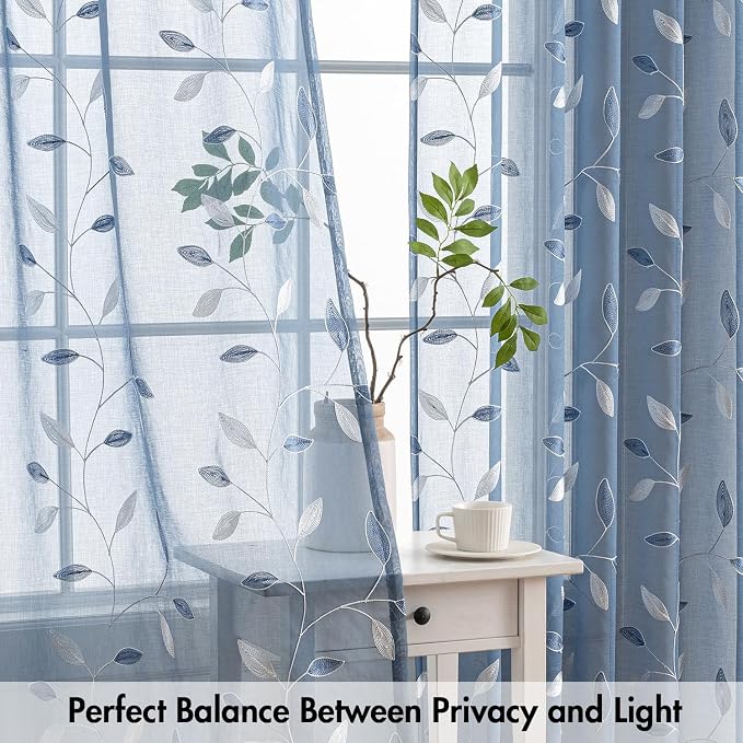 MIULEE Dusty Blue Sheer Curtains 2 Panels Leaf Patterned, W52 x L96 | - Image 5