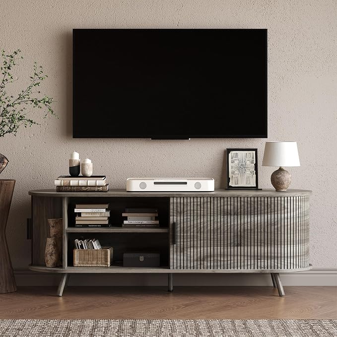 55 inch TV Stand with Power Outlet, Fluted Entertainment Center - Image 7