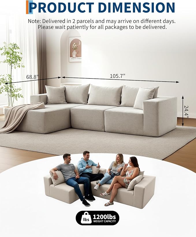 Corduroy Modular L Shape Sofa, Cloud Feel Compressed Sectional Couch - Image 2