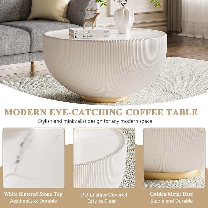 Round Marble Coffee Table 27.56" Bucket Shaped Fluted Coffee Table - Image 5