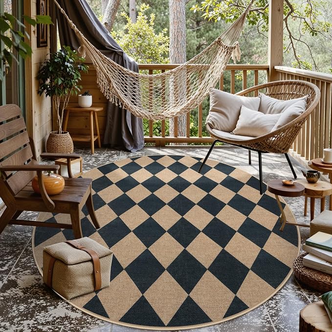 Lahome Checkered Easy Jute 6ft Round Outdoor Patio Area Rug, Washable Black | - Image 8