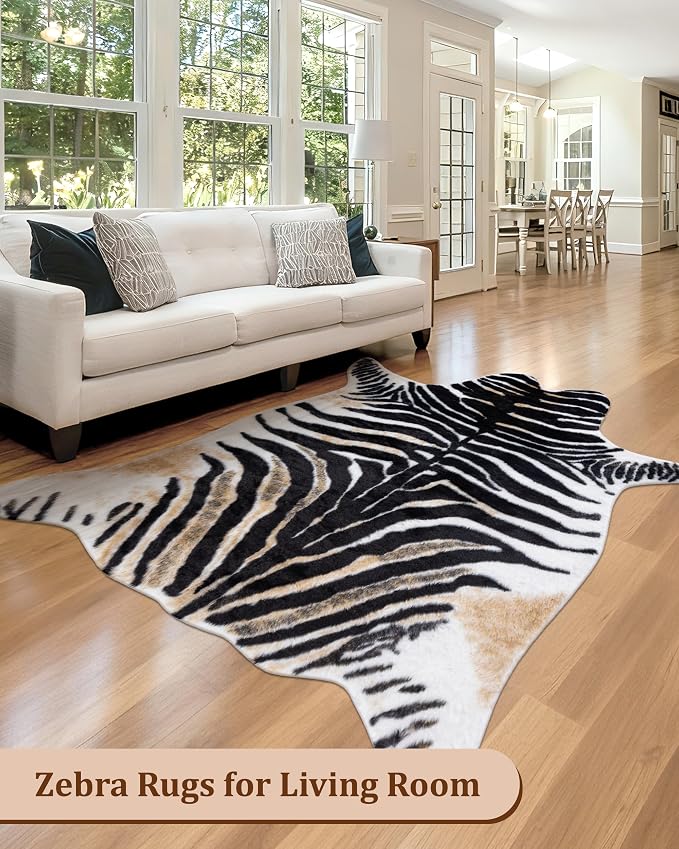 Zebra Print Rug for Living Room, Faux Fur Zebra Hide 6.2x8.2 Feet Animal Skin - Image 6