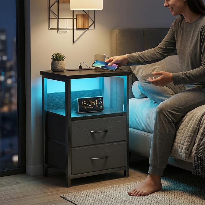 Fixwal Night Stand with Charging Station, LED Nightstand with U-S-B Ports and - Image 2
