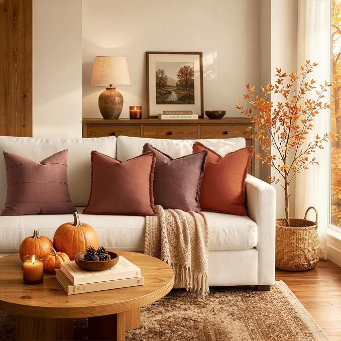 MIULEE Linen Fringe Decorative Fall Throw Pillow Covers Burnt Orange 18x18 | - Image 3