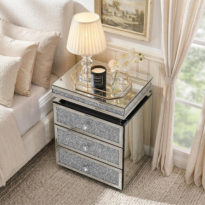 Modern Glam Glass Mirror Nightstand, 3-Drawer Luxury Mirrored Accent Table - Image 3