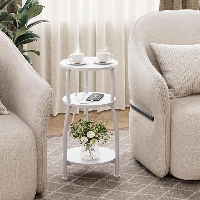 Round Side Table with Power Outlet & USB Ports, 3-Tier End Table with Storage - Image 5