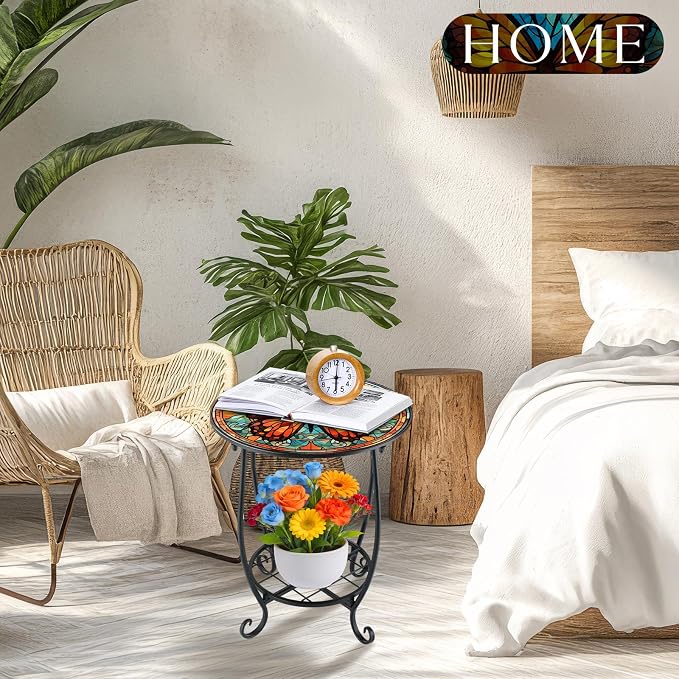 Cinnvoice Outdoor Side Table Round Small Mosaic Patio Accent Indoor End Plant - Image 7