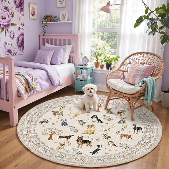 Beige 4Ft Round Area Rug for Living Room Bedroom | Stain Resistant; Non Slip; - Image 2