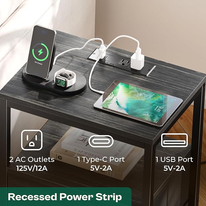 Huuger Nightstand with Charging Station, 27.6 Inch End Table Bedside Table with - Image 4