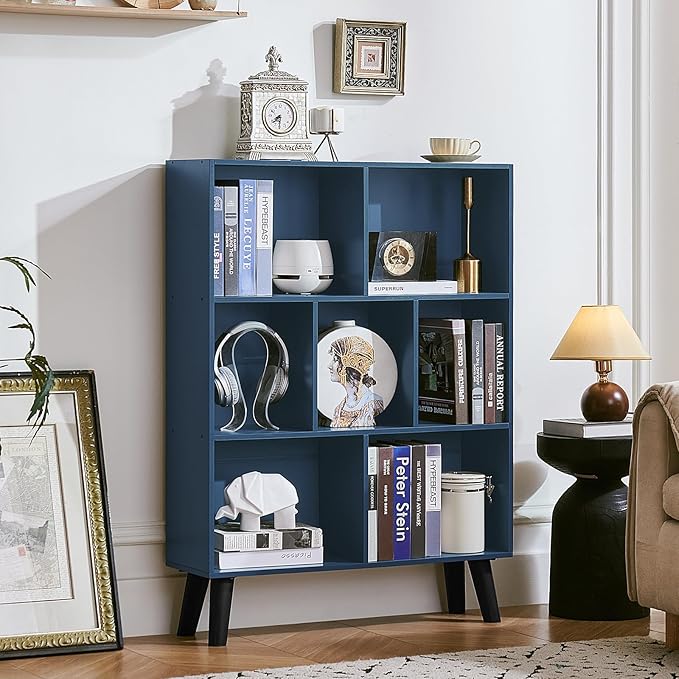 LEYAOYAO Cube Bookshelf 3 Tier Mid-Century Rustic Dark Blue Modern Bookcase - Image 3