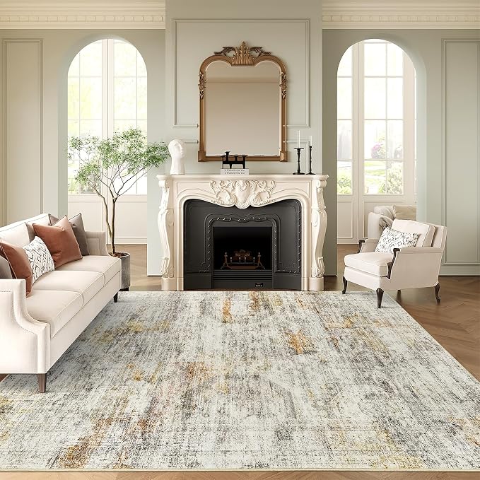 Soalmost 9x12 Area Rugs for Living Room Washable Rug Non-Slip Grey/Rust | Large - Image 2