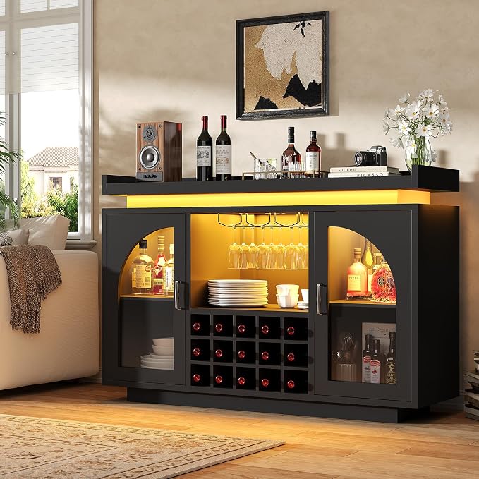 Wine Bar Cabinet with Power Outlet & LED Light, Coffee Bar Cabinet - Image 8