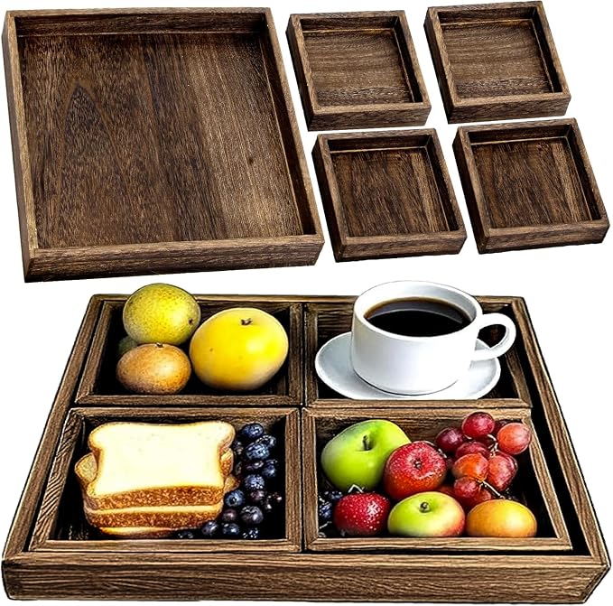 5-Piece Rustic Wooden Serving Tray Set, Handcrafted Nesting Trays - Image 6