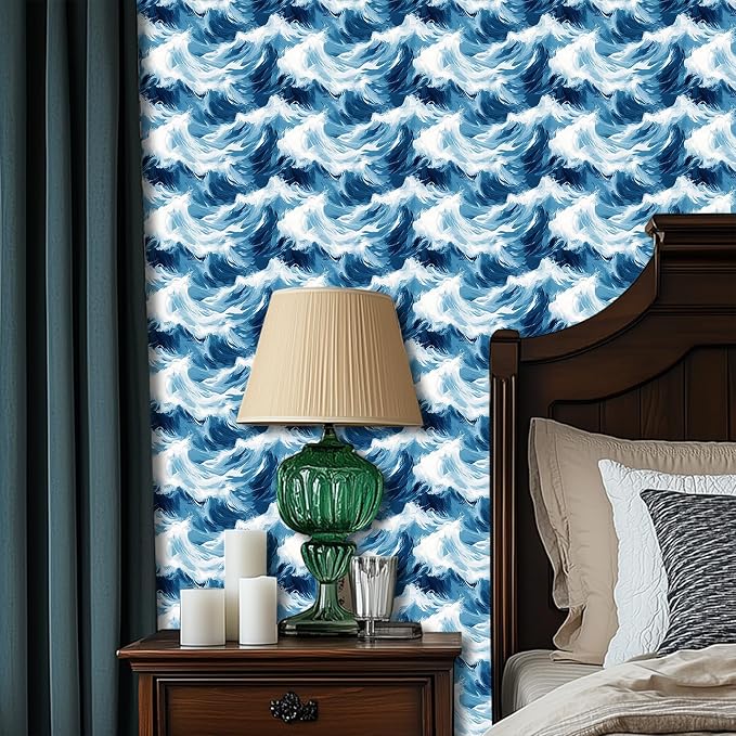 HOMETITUTE Blue Wave Pattern Wallpaper Peel and Stick Self Adhesive Vinyl Wall - Image 3