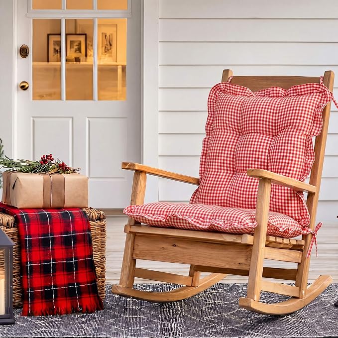 Lewtemi 2 Set Red Gingham Rocking Chair Cushion Village Ruffled Rocking Chair - Image 5