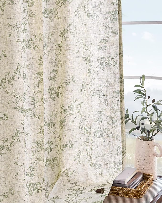 Extra Long Green Vintage Floral Linen Curtains Farmhouse 2 Panels | Elisa - Image 9