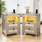 Grey Night Stand Set 2 with Gun Drawer, Bedside Table with Charging Station by ACTKISS