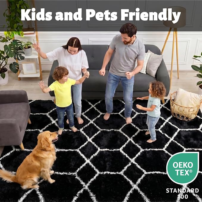 Area Rugs for Bedroom Living Room, 4x6 Fluffy Black and White Geometric Rug | - Image 3