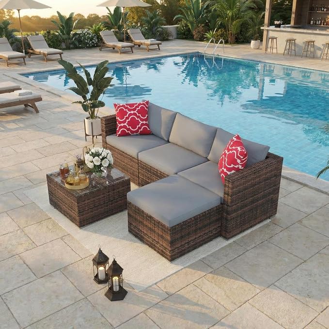 5-Piece Patio Sectional Sofa Set, All-Weather Brown PE Rattan Outdoor - Image 6