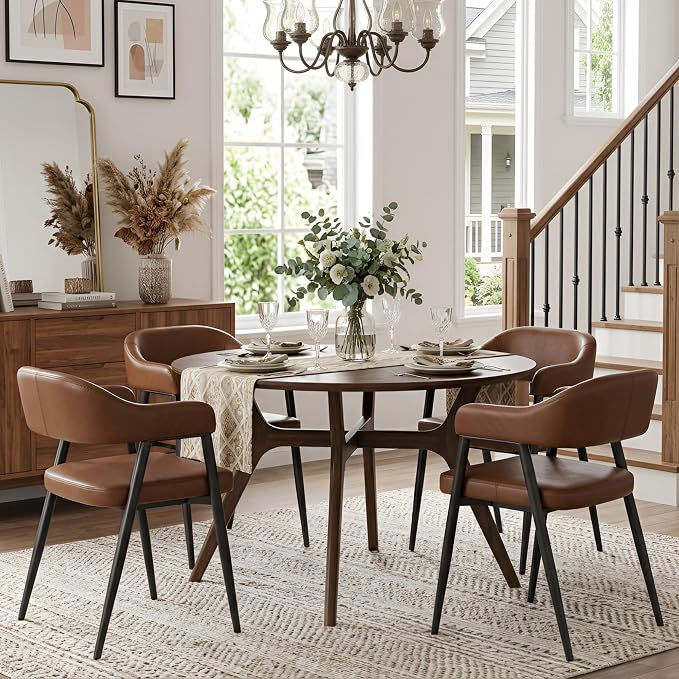 HNY Modern Dining Room Arm Chairs Set of 4, Retro Faux Leather Upholstered by HNY