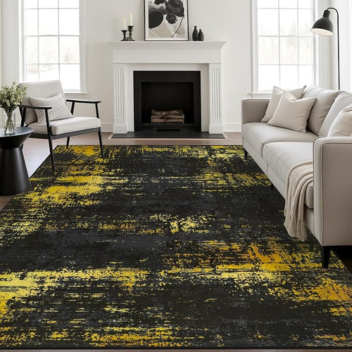 10x14 Area Rug Living Room: Modern Washable Soft Carpet Black Gold | by FXRHLP