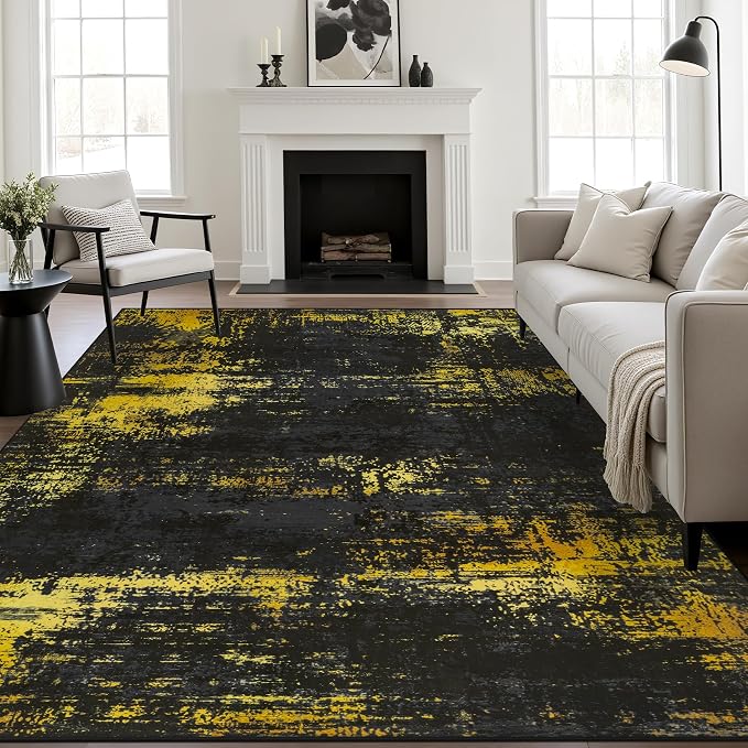 6x9 Area Rug Living Room: Modern Washable Soft Carpet Black Gold | by FXRHLP