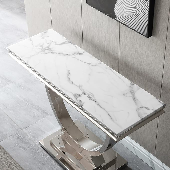 Henf 47" Marble Console Table Modern White Faux Marble Entryway Table - Image 6