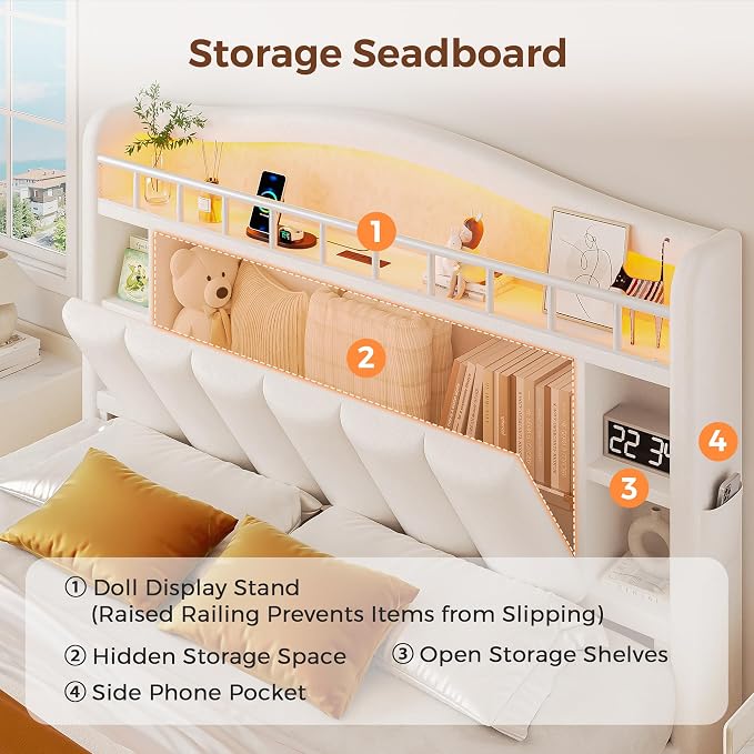 Queen Size Bed Frame with LED Storage Headboard & 2 Storage Drawers, Velvet - Image 4