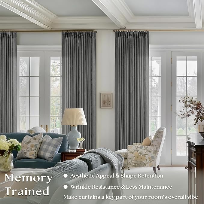 Dark Grey 80 Inch Pinch Pleated Linen Semi Sheer Curtains 2 Panel Set | - Image 2