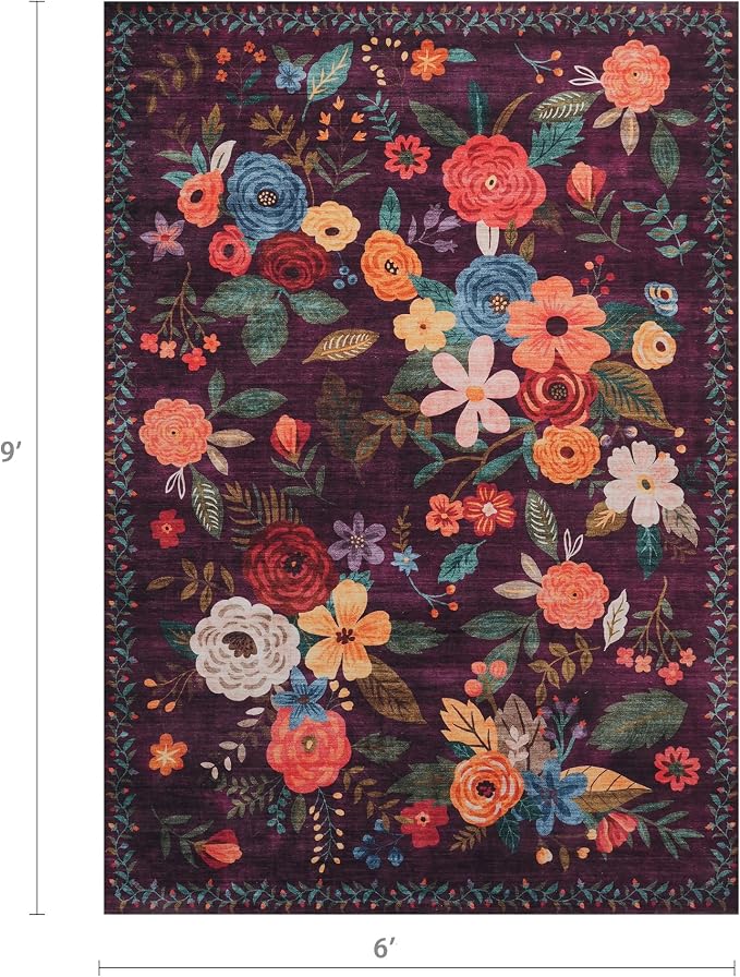 Purple Floral Area Rug 6x9 for Living Room Bedroom | Ultra-Thin;Easy Clean;Non - Image 2
