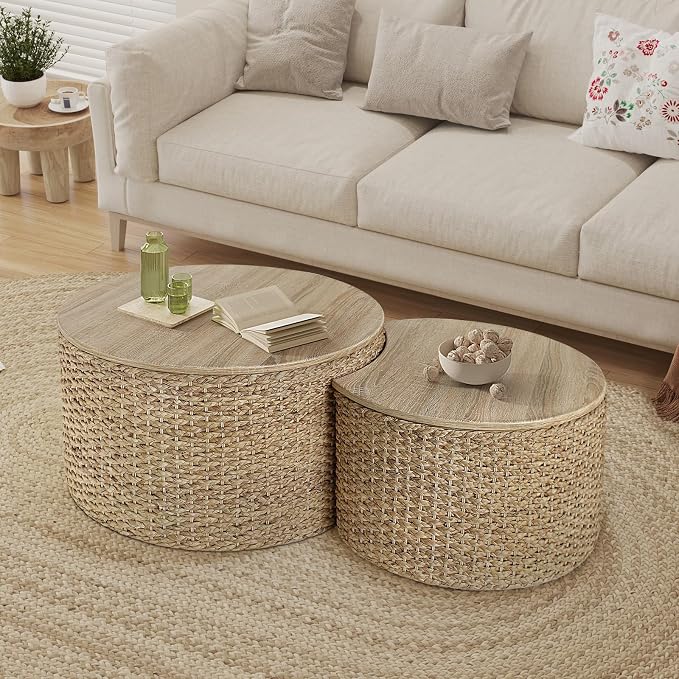 Nesting Coffee Table Set of 2, Rustic Crate and Barrel Coffee Table, Hand-Woven - Image 7