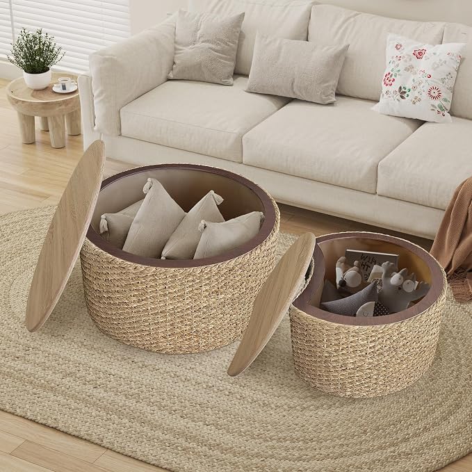 Nesting Coffee Table Set of 2, Rustic Crate and Barrel Coffee Table, Hand-Woven - Image 5