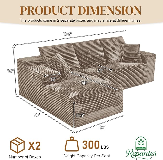 108" L Shaped Boneless Sectional Couches - Image 2