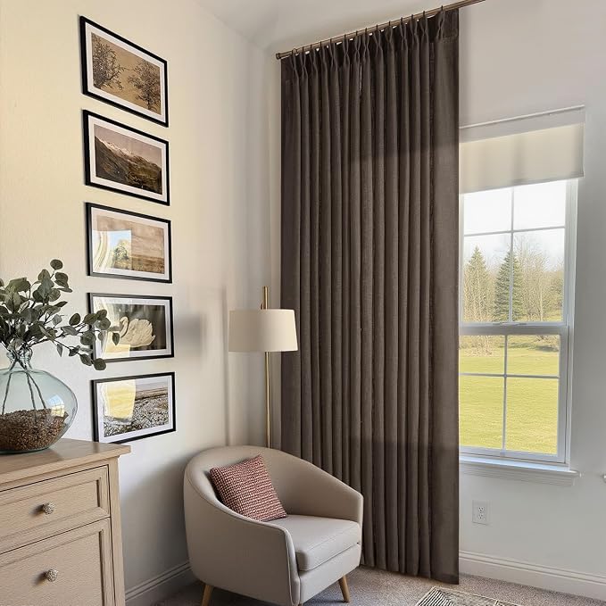 Dark Chocolate 96 Inch Pinch Pleated Semi Sheer Linen Curtains 2 Panels | - Image 9