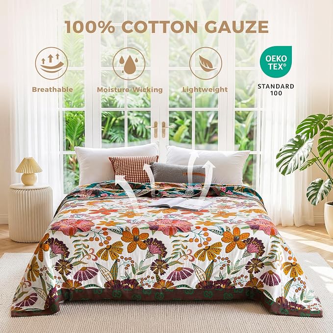 LUTBM Boho Throw Blanket for Bed 100% Cotton Soft Breathable Quilt Floral - Image 2