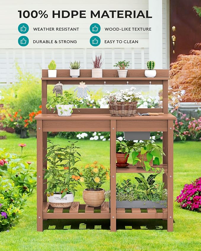 SERWALL Outdoor Potting Bench 2-Piece Set, Rot-Resistant HDPE Potting Table - Image 7
