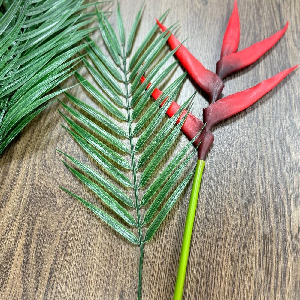 3Pcs Red Bird of Paradise Artificial Flowers with 10 Pcs Areca Palm Leaves - Image 6