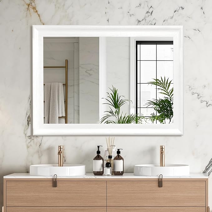 White Wood Mirror for Bathroom, Rectangle Rustic 30 x 40 inch Vanity Mirror for - Image 4