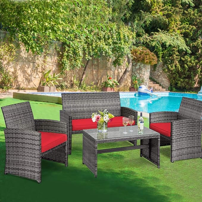 Tangkula 4 PCS Wicker Patio Conversation Set, Outdoor Rattan Sofas - Image 2