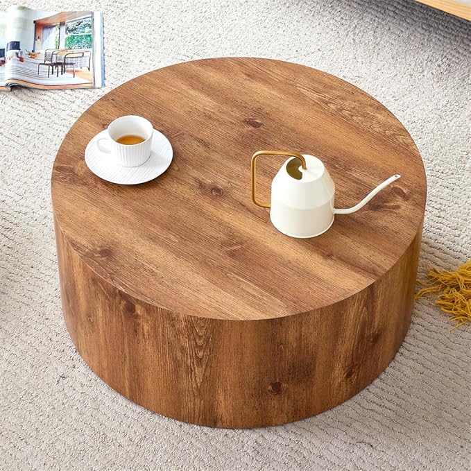 Round Coffee Table, 23.6" Modern Wood Drum Coffee Table, Round Accent Center by BAOPIN